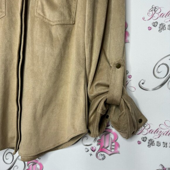 Le chateau button down blouse suede style feel fabric taupe grey brown gray - Picture 5 of 16